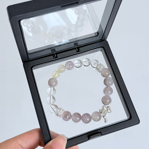 Lepidolite & Clear Quartz Bracelet with Silver Cat Charm