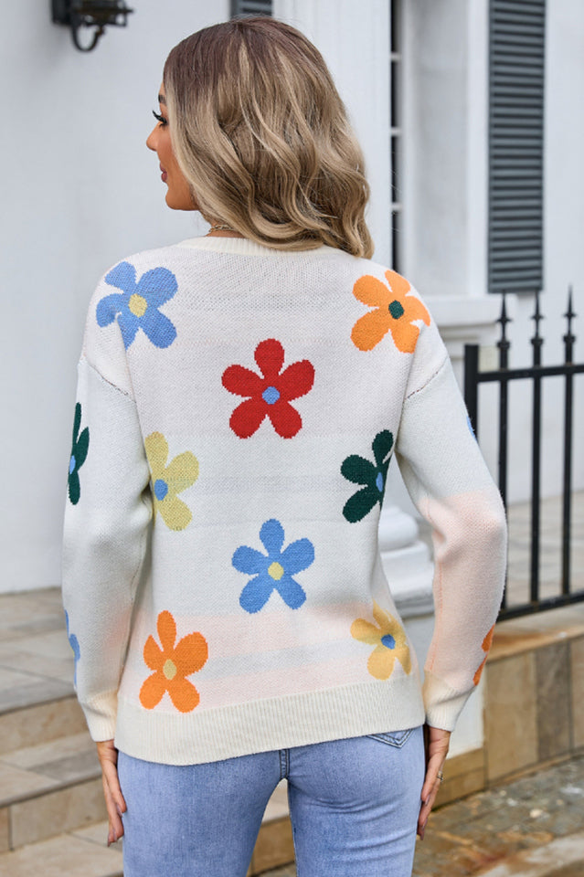 Flower Round Neck Long Sleeve Sweater