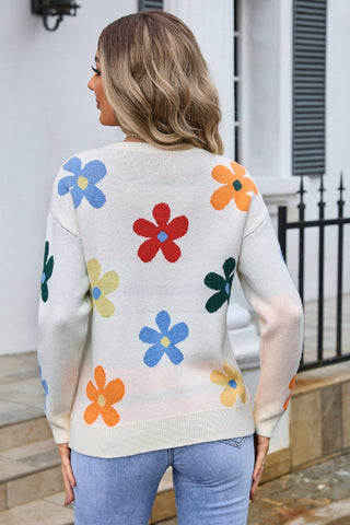 Flower Round Neck Long Sleeve Sweater