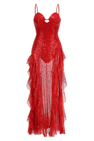 Bustier Sequin Ruffle Maxi Dress