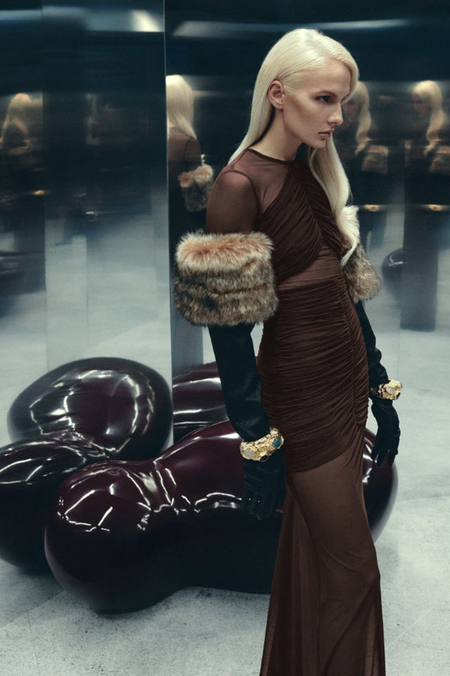 Long Sleeve Draped Mesh Maxi Dress