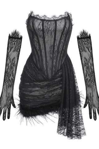 Queena Strapless Feather Trim Lace Dress