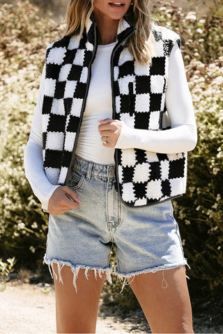 Checkered Sherpa Collared Jacket Vest