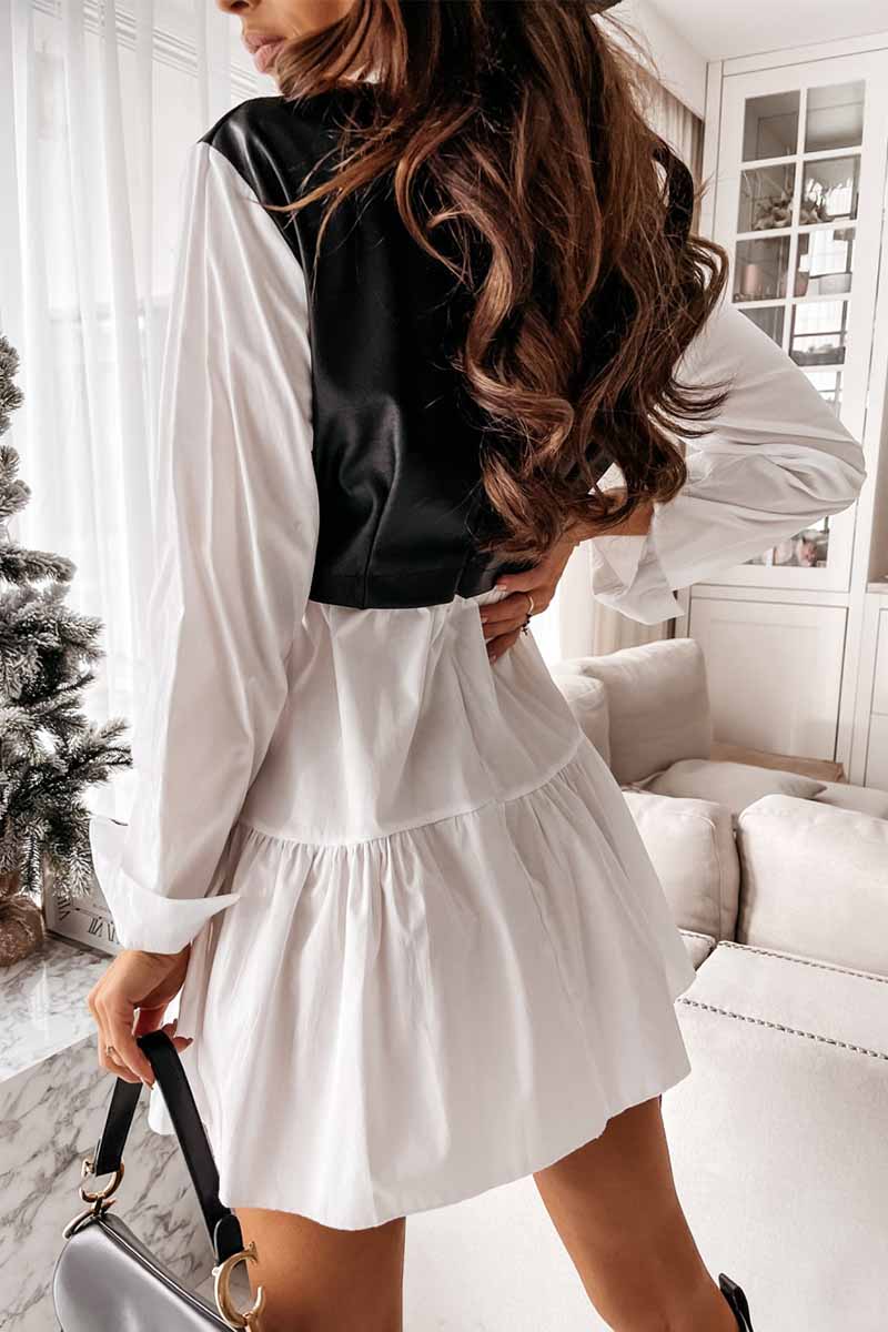 Shirt skirt and leather stitching Mini Dress