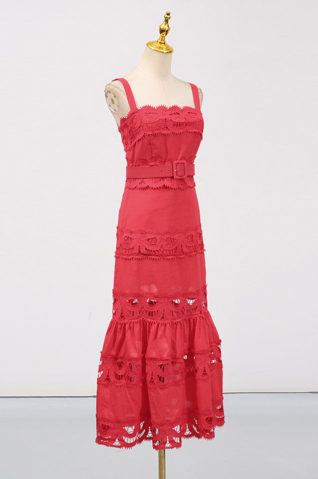 White Linen Lace Insert Midi Dress