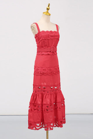 White Linen Lace Insert Midi Dress