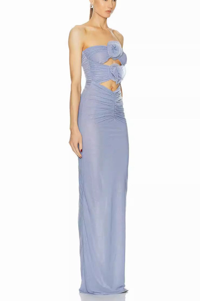 Solomon Strapless Flower Mesh Maxi Dress
