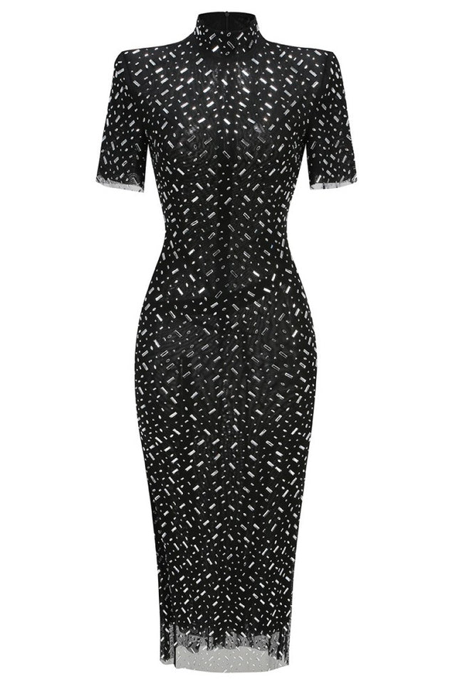Square Rhinestone Mesh Midi Dress