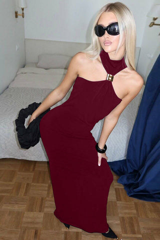 Golden Bead Trim Halter Sheath Dress
