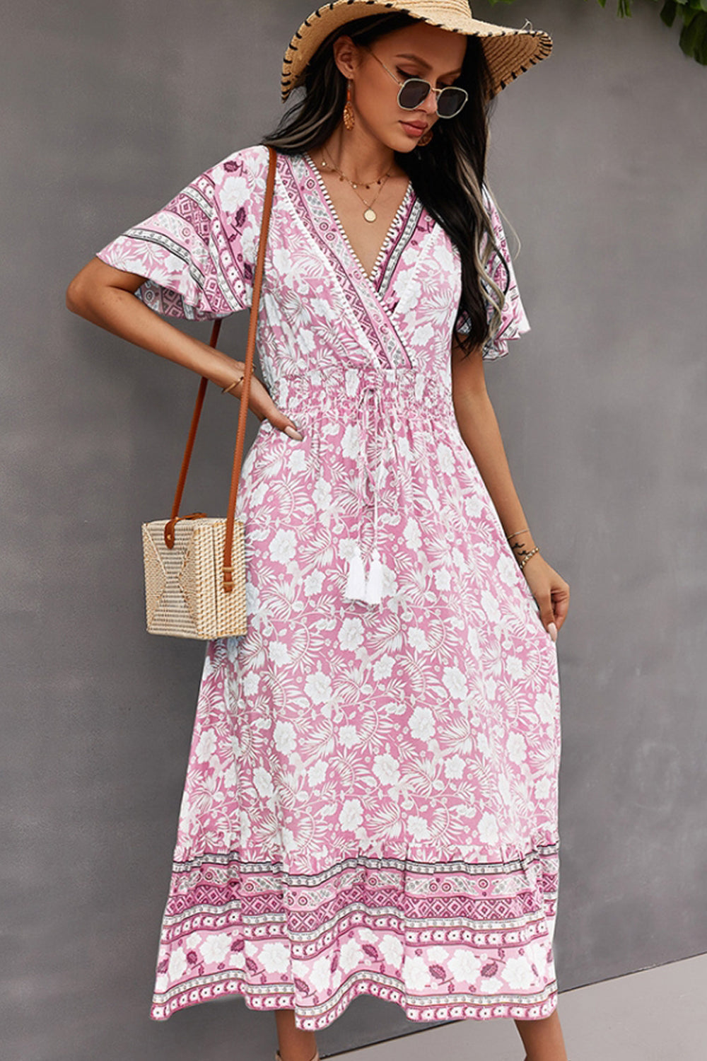 V-Neck Tie Bohemian Dress