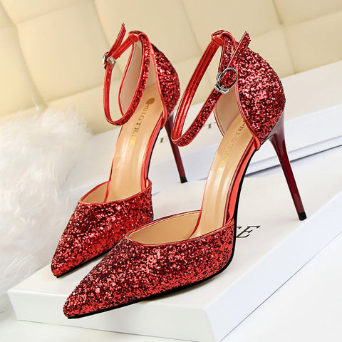 Women's Stiletto Low-cut Hollowed Sequined Nightclub Heels