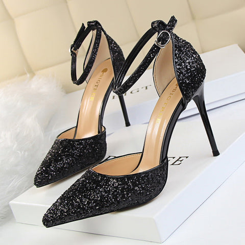 Women's Stiletto Low-cut Hollowed Sequined Nightclub Heels