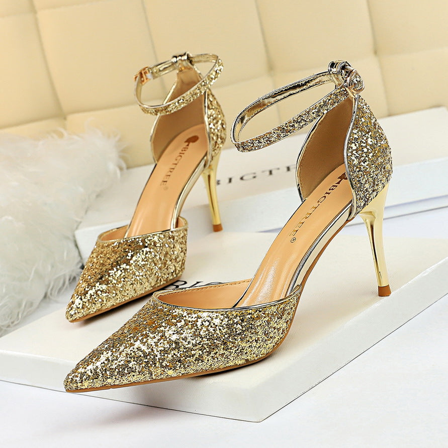 Women's Stiletto Low-cut Hollowed Sequined Nightclub Heels