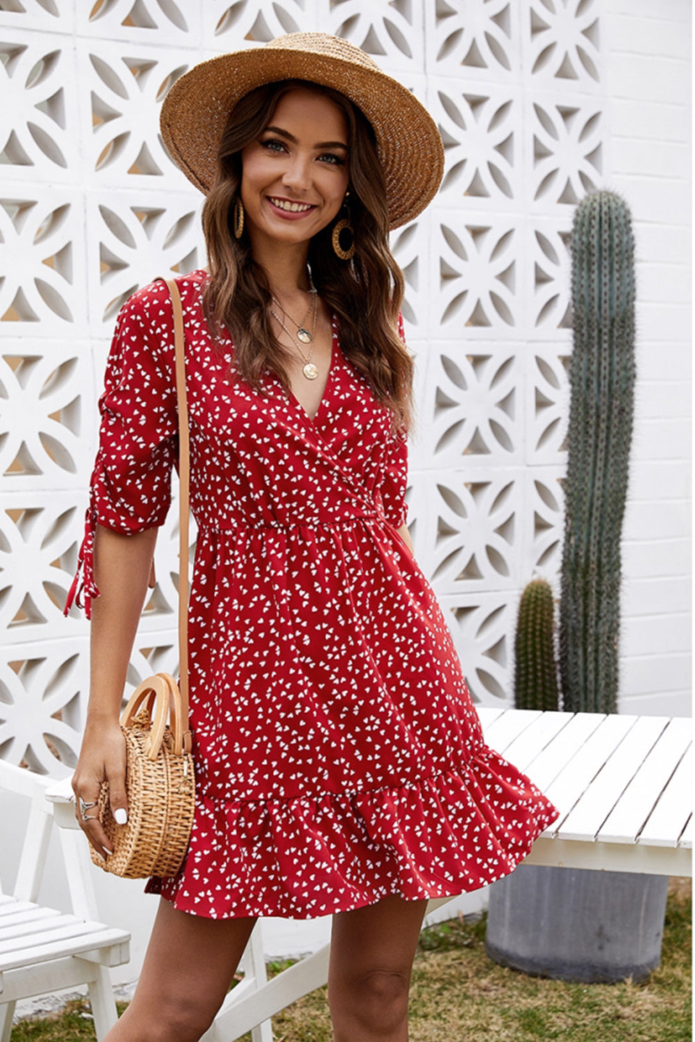 V-neck Print Lace Dress