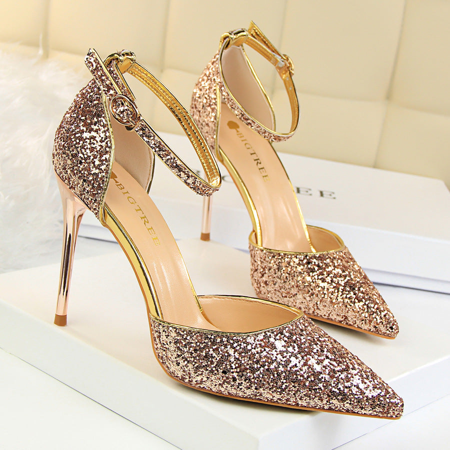 Women's Stiletto Low-cut Hollowed Sequined Nightclub Heels