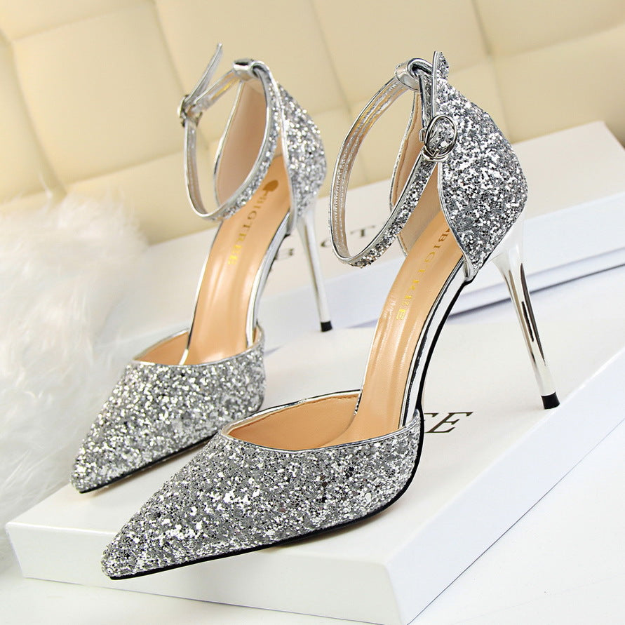 Women's Stiletto Low-cut Hollowed Sequined Nightclub Heels