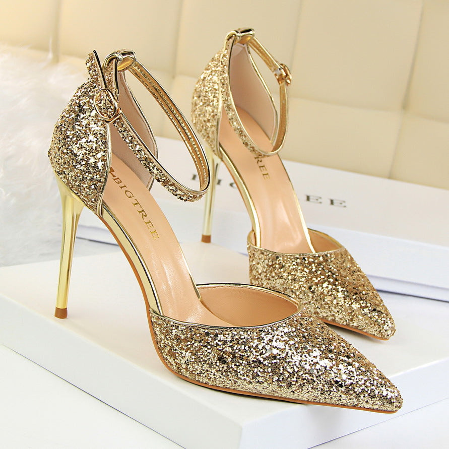 Women's Stiletto Low-cut Hollowed Sequined Nightclub Heels