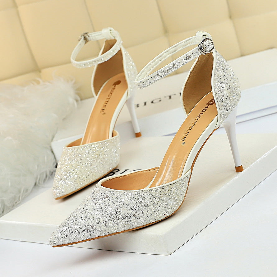 Women's Stiletto Low-cut Hollowed Sequined Nightclub Heels