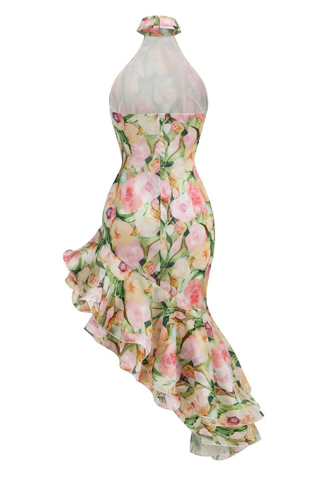 Sabina Asymmetric Floral Halter Midi Dress