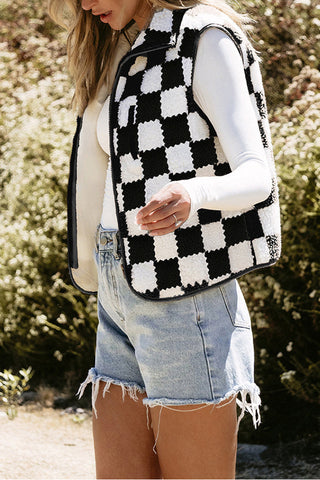 Checkered Sherpa Collared Jacket Vest
