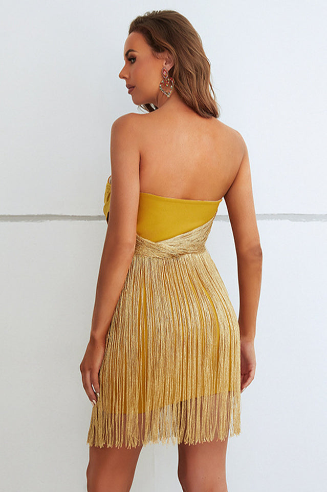 Yellow Ruffles Silk Tassel Trim Dress