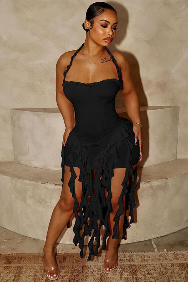 Ruffle Tassel Halter Bustier Mini Dress