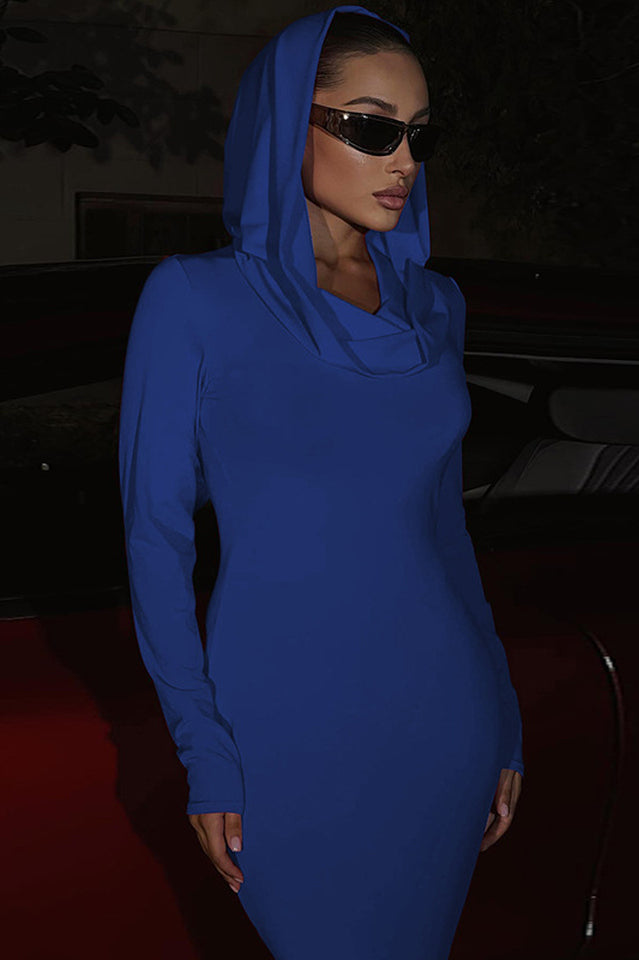 Solid Hooded Bodycon Maxi Dress