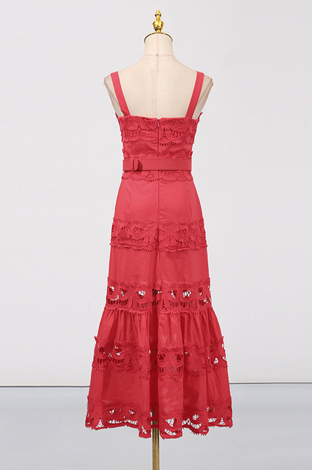 White Linen Lace Insert Midi Dress
