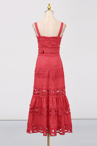 White Linen Lace Insert Midi Dress