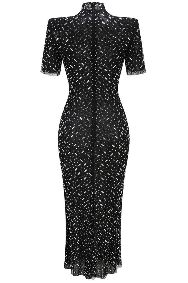 Square Rhinestone Mesh Midi Dress