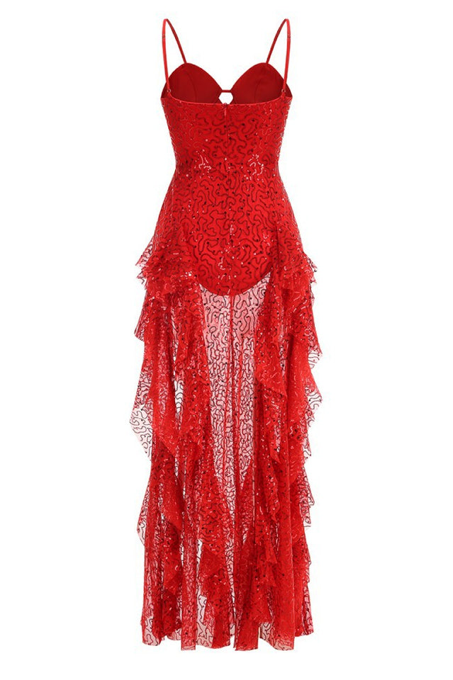 Bustier Sequin Ruffle Maxi Dress