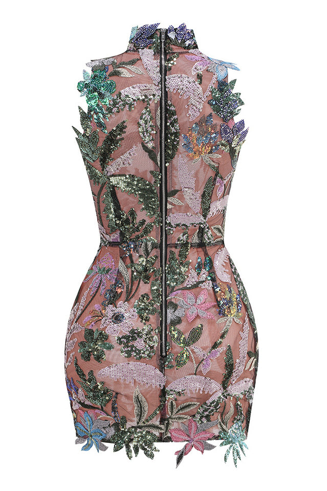 Tropical Floral Embroidered Mini Dress