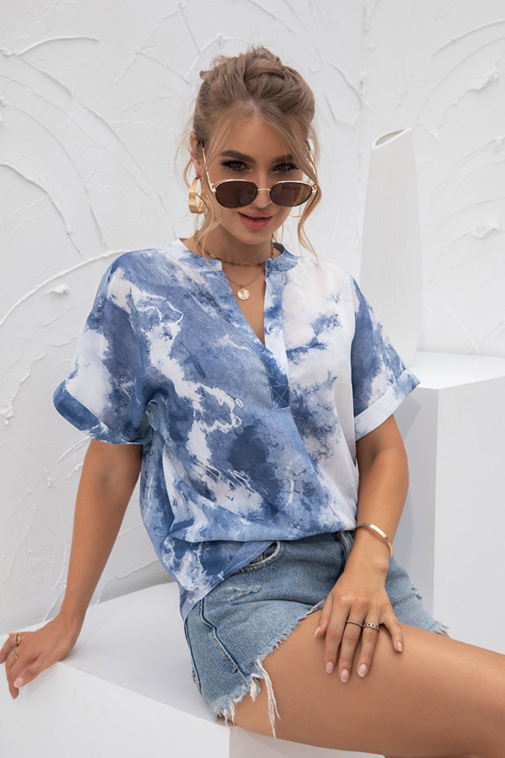 V-Neck Tie-Dye Print Chiffon Shirt