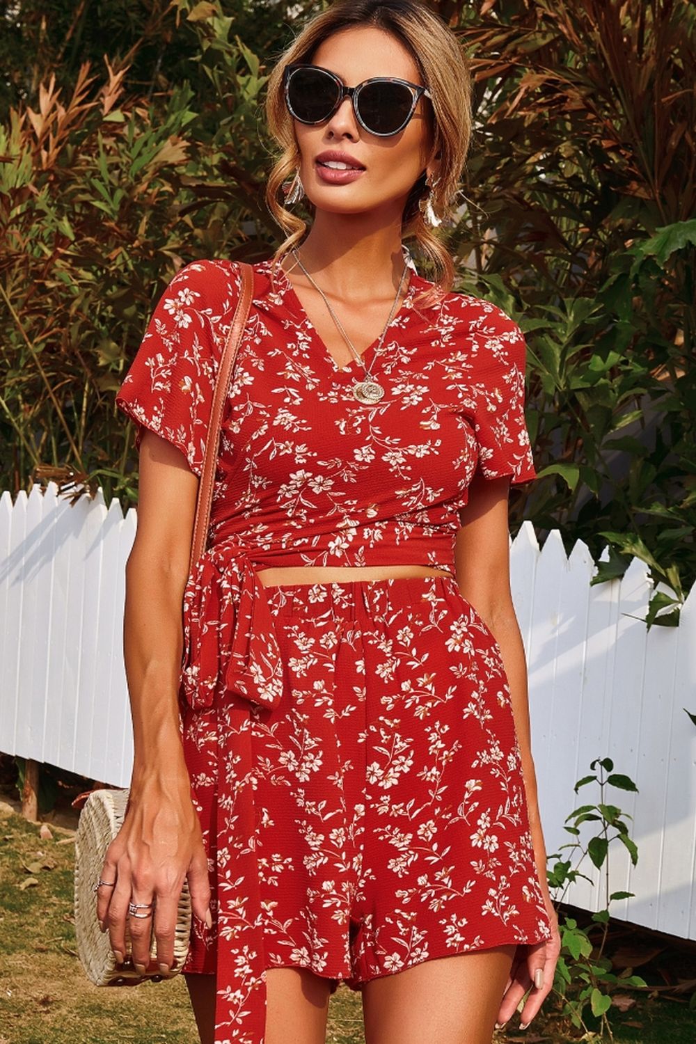 V-Neck Floral Print Two Piece Sets