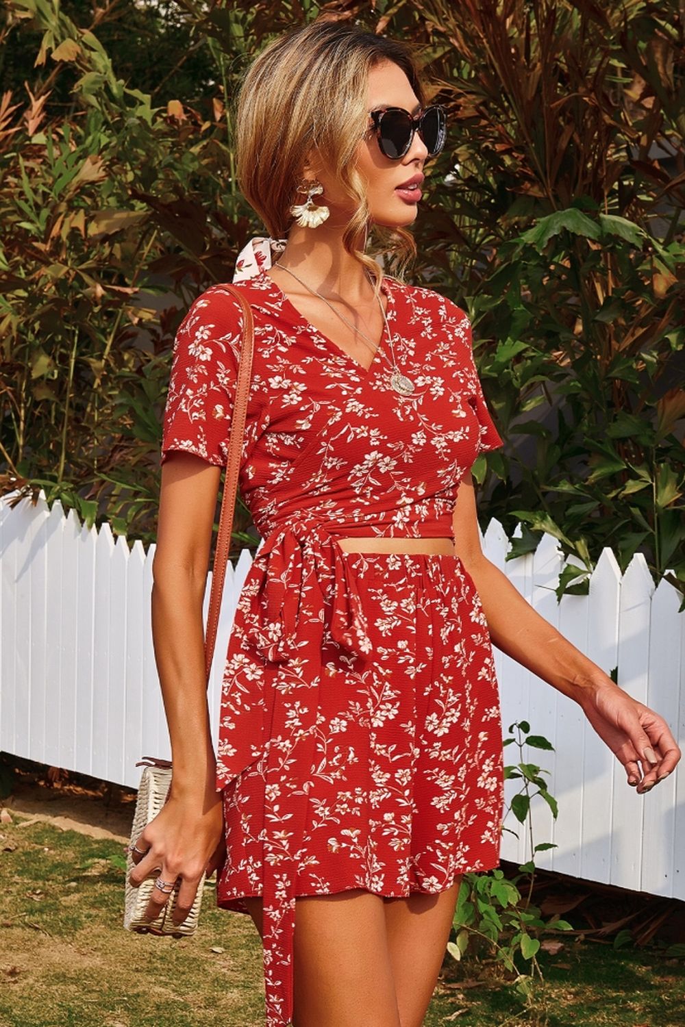 V-Neck Floral Print Two Piece Sets