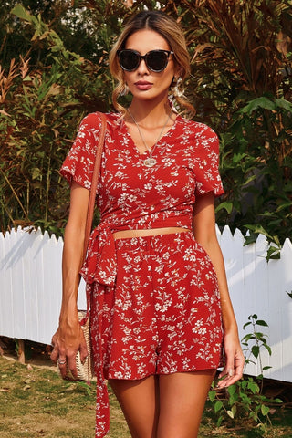 V-Neck Floral Print Two Piece Sets