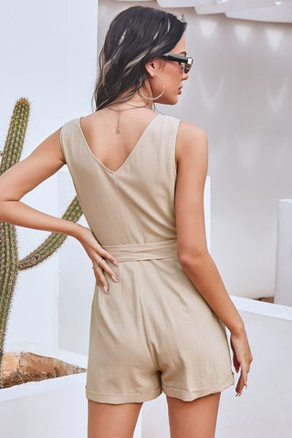 V-Neck Button Belt Jumpsuit