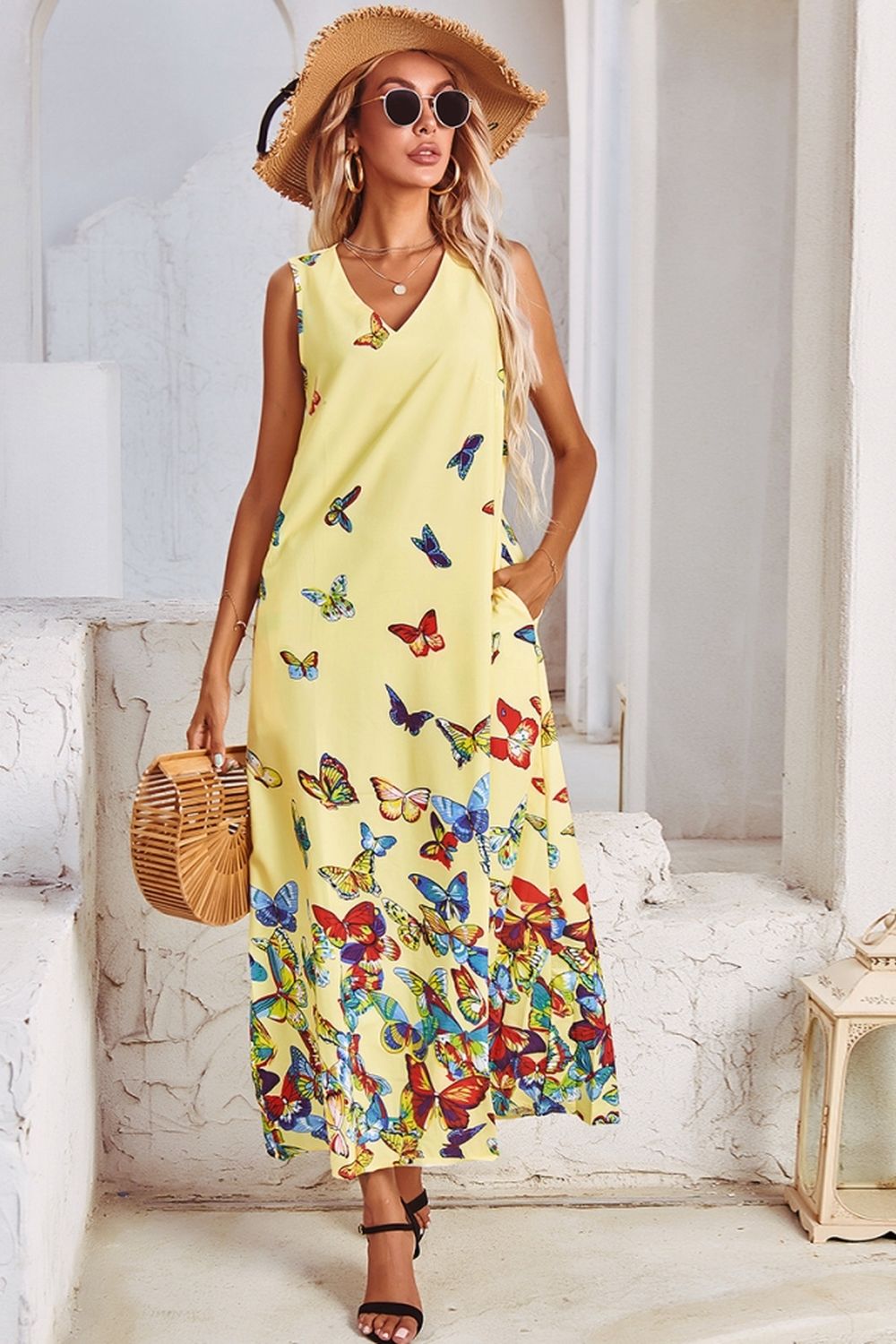 V-Neck Butterfly Print Sleeveless Dress