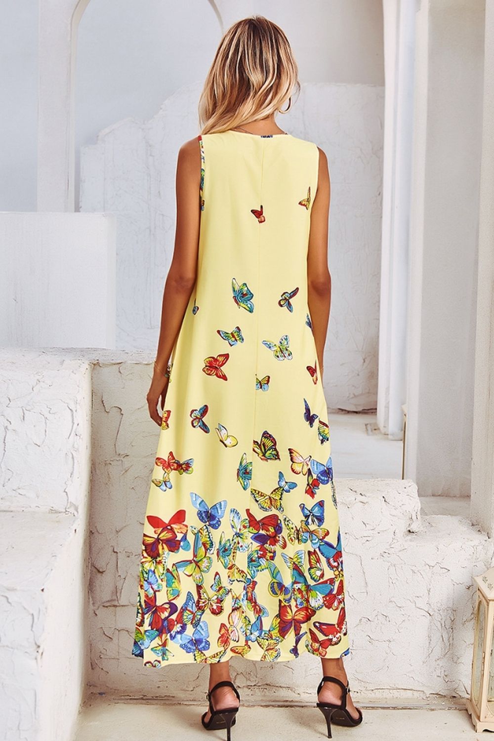 V-Neck Butterfly Print Sleeveless Dress