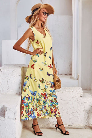 V-Neck Butterfly Print Sleeveless Dress