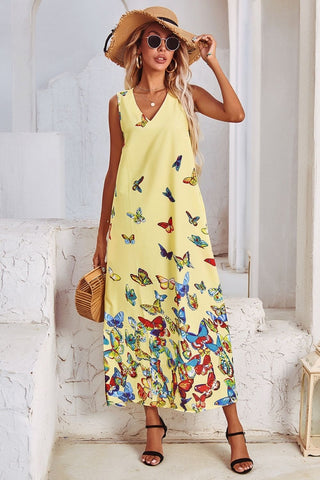 V-Neck Butterfly Print Sleeveless Dress