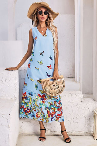 V-Neck Butterfly Print Sleeveless Dress