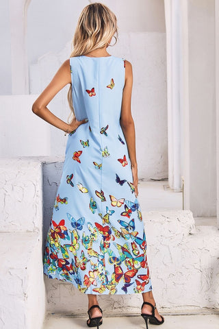 V-Neck Butterfly Print Sleeveless Dress