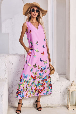 V-Neck Butterfly Print Sleeveless Dress