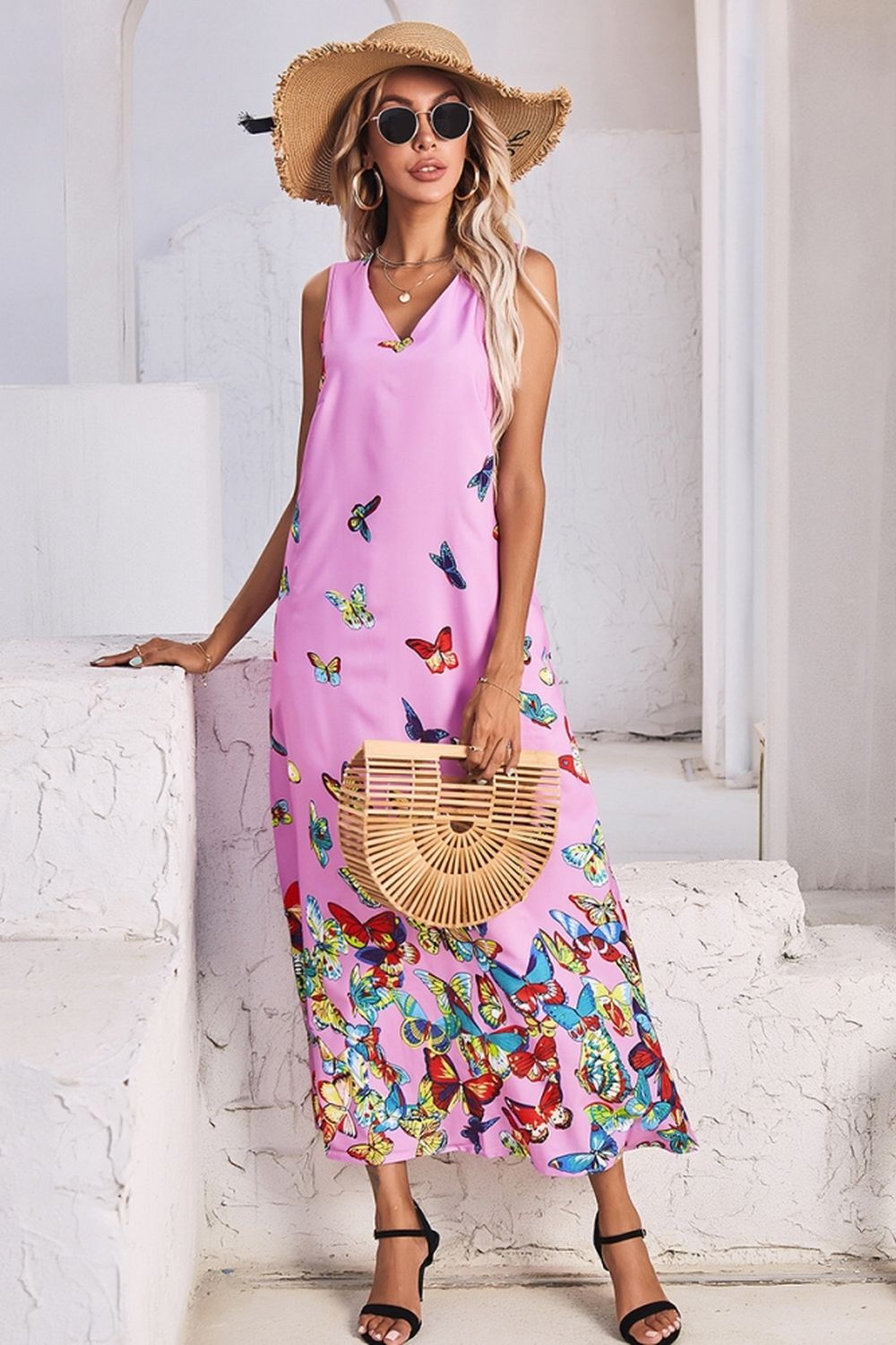 V-Neck Butterfly Print Sleeveless Dress