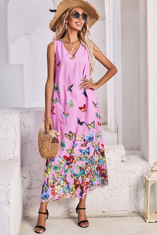 V-Neck Butterfly Print Sleeveless Dress