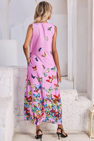 V-Neck Butterfly Print Sleeveless Dress