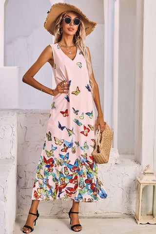 V-Neck Butterfly Print Sleeveless Dress