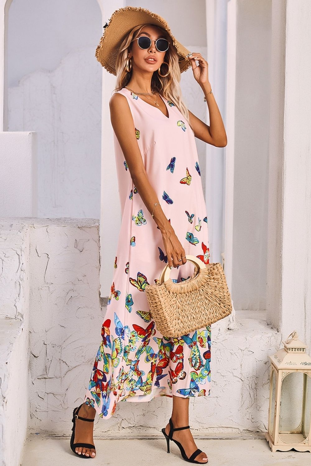 V-Neck Butterfly Print Sleeveless Dress