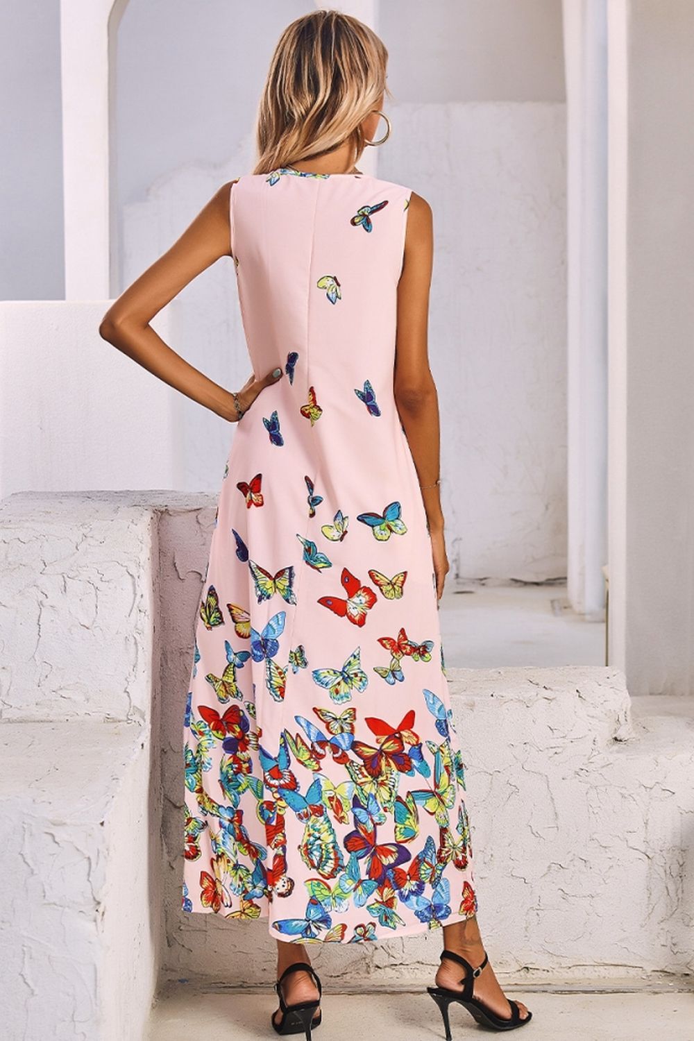 V-Neck Butterfly Print Sleeveless Dress